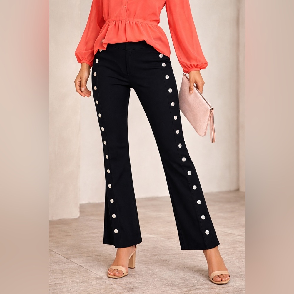 BEBE Women’s Black Flare Pants with Silver Button Detailing Size 10 Large